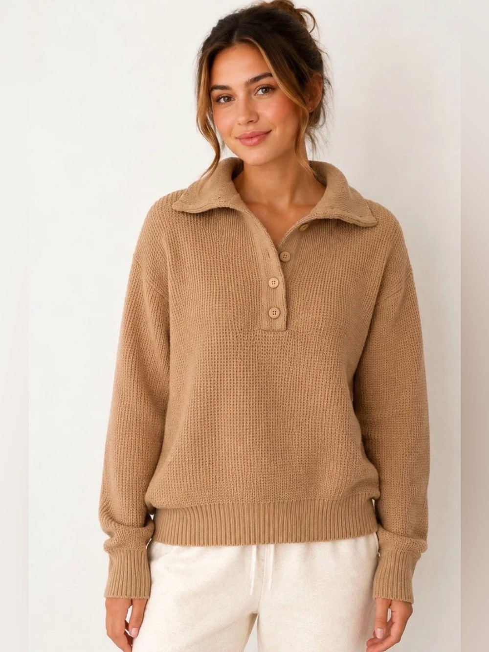 Aerie Cozy Up Waffle Knit Oversized Collar Quarter Button Tan Sweater Size L
